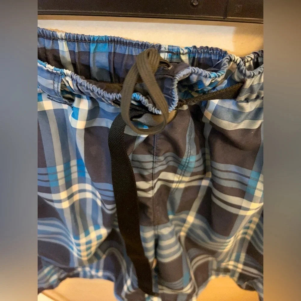 The North Face Navy and Light Blue Plaid Swim Shorts